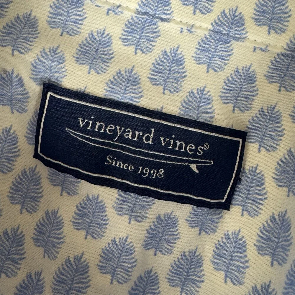 Vineyard Vines Stretch Poplin Button Down Shirt Blue White Leaf Tile Pattern L